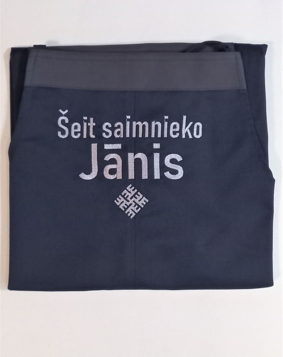 Priekšauts &quot;Šeit saimnieko Jānis&quot; zills ar pelēku uzrakstu